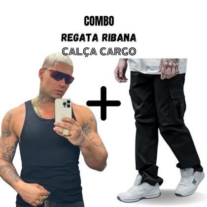 Imagem de Kit Calça Masculina Cargo Larga + Regata Masculina Canelada Ribana Estilo Americana