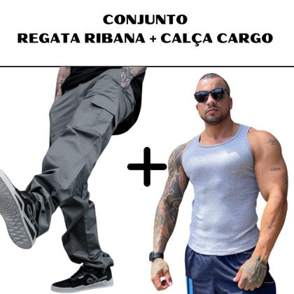 Imagem de Kit Calça Masculina Cargo Larga + Regata Masculina Canelada Ribana Estilo Americana