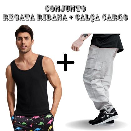 Imagem de Kit Calça Masculina Cargo Larga + Regata Masculina Canelada Ribana Estilo Americana