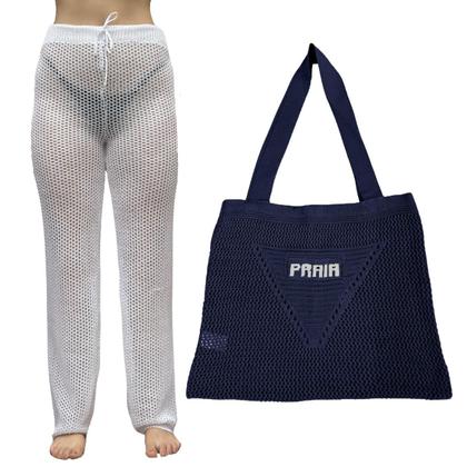 Imagem de Kit Calça Pantalona Tricot Feminina com Bolsa Sacola de Praia Crochê