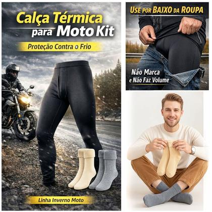 Imagem de Kit Calça Térmica Masculina Moto Com Braguilha + 2 Meias Fleece Frio Intenso Segunda Pele 40 a 48