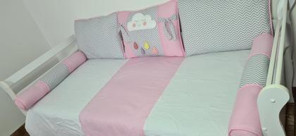 Imagem de Kit Cama Babá Bicama 6 Pçs Quarto Chuva Benção Chevron Nuvem Rosa