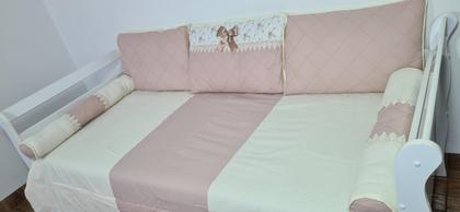 Imagem de Kit Cama Babá Bicama 6 Pçs Quarto Laço Perola Floral Rosê Nude com Palha
