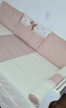 Imagem de Kit Cama Babá Bicama 6 Pçs Quarto Laço Perola Floral Rosê Nude com Palha