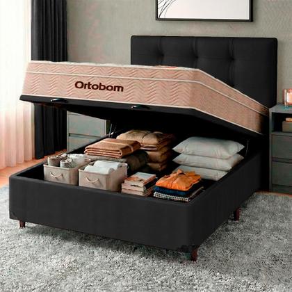 Imagem de Kit Cama Box Bau + Cabeceira + Colchão Casal Molas Ensacadas - Airtech - Ortobom