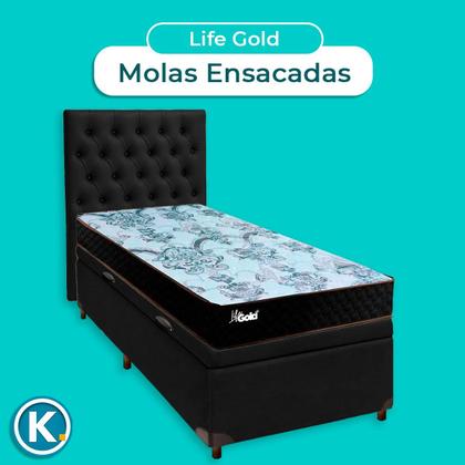 Imagem de Kit Cama Box Bau + Cabeceira + Colchão Solteiro Molas Ensacadas - Life Gold - Paropas