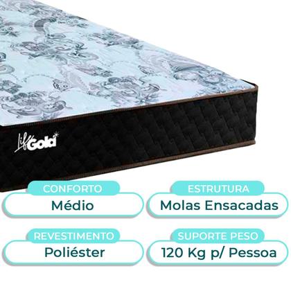 Imagem de Kit Cama Box Bau + Cabeceira + Colchão Solteiro Molas Ensacadas - Life Gold - Paropas