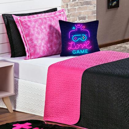 Imagem de Kit Cama Colcha Infantil Cobre Leito Game Girl Dupla Face com Almofada Casal Queen 06 Peças Gamer Menina Juvenil