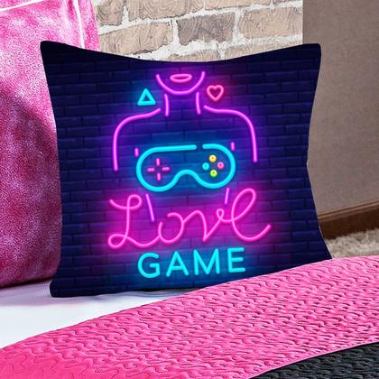 Imagem de Kit Cama Colcha Infantil Cobre Leito Game Girl Dupla Face com Almofada Casal Queen 06 Peças Gamer Menina Juvenil