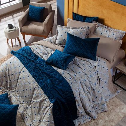 Imagem de Kit Cama Edredom Cobertor CASAL PADRÃO 03 Peças Estampado Veneza Bege/Azul Dupla Face Percal Algodão 200 Fios