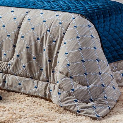 Imagem de Kit Cama Edredom Cobertor CASAL PADRÃO 03 Peças Estampado Veneza Bege/Azul Dupla Face Percal Algodão 200 Fios