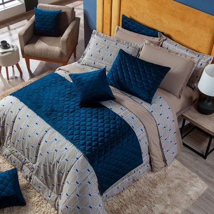 Imagem de Kit Cama Edredom Cobertor CASAL PADRÃO 03 Peças Estampado Veneza Bege/Azul Dupla Face Percal Algodão 200 Fios