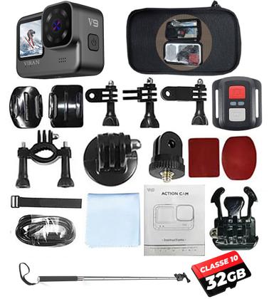 Imagem de Kit Câmera de ação Wifi V9 + Memória 32gb + Bastão Filmadora Sport 4k 60fps Full Hd 20mp Mergulho Moto Bike Surf