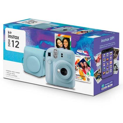 Imagem de Kit Câmera Instax Mini 12 com pack 10 fotos Spray Art e Bolsa Azul Candy