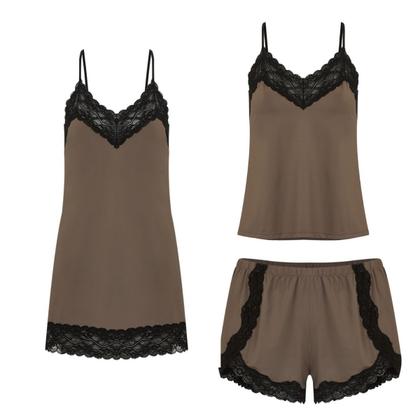 Imagem de Kit Camisola Em Renda e Microfibra Hope - L11550 + Pijama Short Doll Básico Renda Hope LCS550 Tamanho:GCor:Avelã