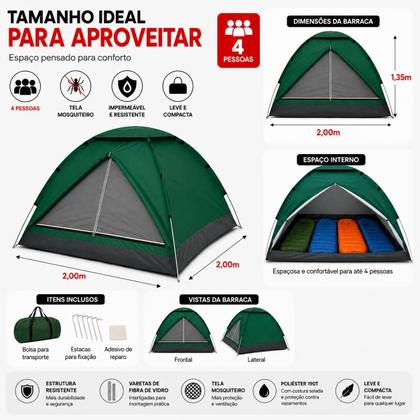 Imagem de Kit Camping Barraca Iglu 4 Pessoas 2x2m Colchão Inflável Casal Ômega
