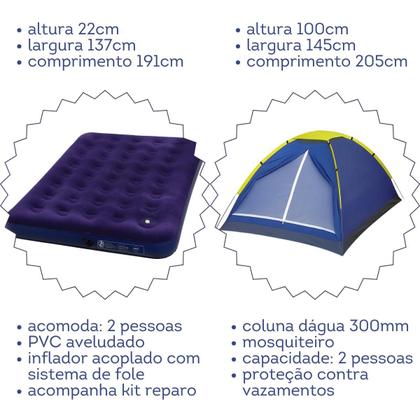 Imagem de Kit Camping MOR com Barraca para 2 Pessoas e Colchão de Casal Inflável com Bomba Acoplada Kit Prático e Versátil