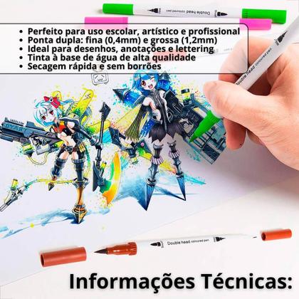 Imagem de Kit Canetinha Fine Line 12 Cores Ponta Duplas 0.4mm Escolar Cor Colorida Contorno Marcadores Caneta Hidrografica
