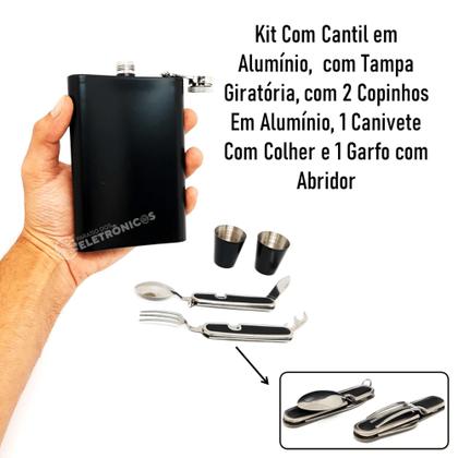 Imagem de Kit Cantil De Bolso em Aço Com 2 Copos Canivete e Acessórios Material de Aço Inoxidável DY8841
