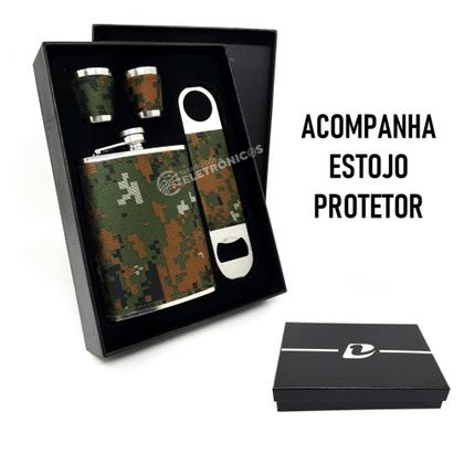 Imagem de Kit Cantil Frasco Porta Bebidas Abridor Copos Shot Estampa Exercito DY8843
