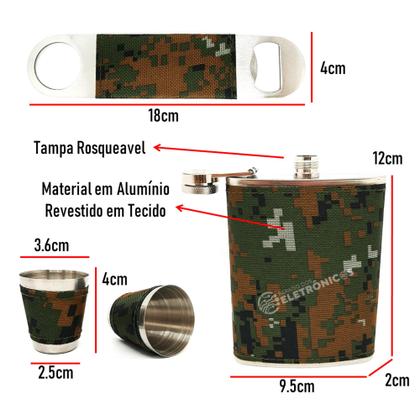 Imagem de Kit Cantil Frasco Porta Bebidas Abridor Copos Shot Estampa Exercito DY8843