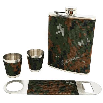 Imagem de Kit Cantil Frasco Porta Bebidas Abridor Copos Shot Estampa Exercito DY8843