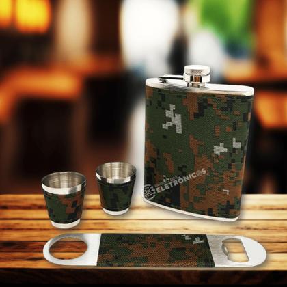 Imagem de Kit Cantil Frasco Porta Bebidas Abridor Copos Shot Estampa Exercito DY8843
