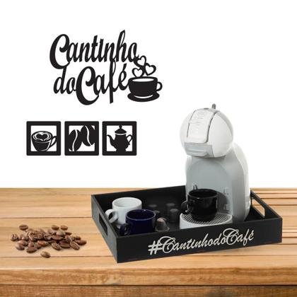 Imagem de Kit Cantinho do Café Quadro Vazado + Bandeja Decorativa Mdf Pintada Organizar e servir Preto