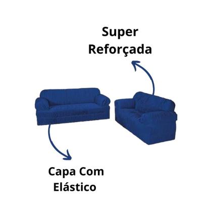 Imagem de Kit Capa De Sofá 2 E 3 Lugares 21 Elásticos + Cortina Rústica 02 Metros Azul