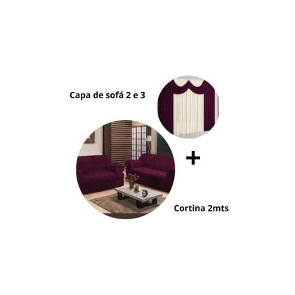 Imagem de Kit Capa De Sofá Elasticada 2 E 3 Lugares + Cortina 2,00 Metros Vinho