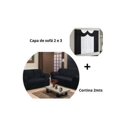 Imagem de Kit Capa De Sofá Elasticada 2 E 3 Lugares + Cortina Paris  2,00 Metros Preto