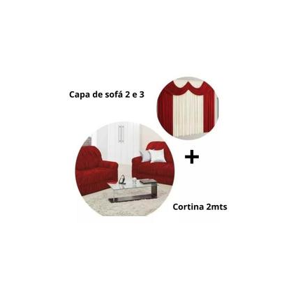 Imagem de Kit Capa De Sofá Elasticada 2 E 3 Lugares + Cortina Paris  2,00 Metros Vermelho