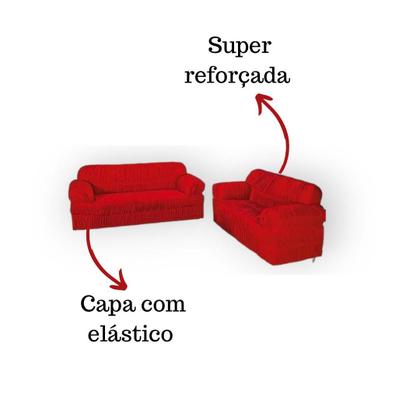 Imagem de Kit Capa De Sofá Elasticada 2 E 3 Lugares + Cortina Paris  2,00 Metros Vermelho