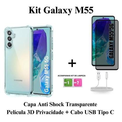 Imagem de Kit  Capinha Transparente + Película 3D Vidro Privacidade + Cabo USB Tipo C para Samsung Galaxy M55