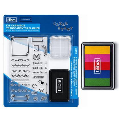 Imagem de Kit Carimbo Transparente Planner Tilibra +Carimbeira 6 Cores