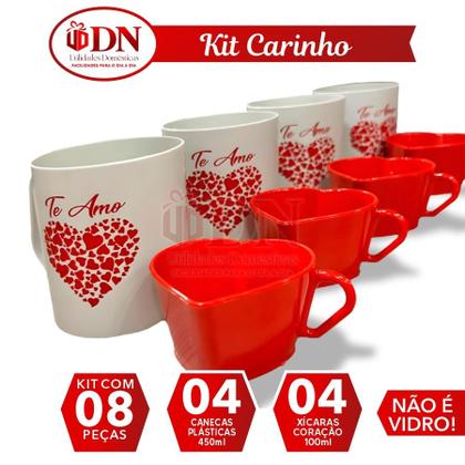 Imagem de Kit carinho 4 canecas De Amor com 4 xícaras Coração Vermelhas