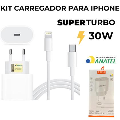 Imagem de Kit Carregador Completo Fonte Cabo Turbo 30W Tipo C Lightning Compatível Com Iphone Homologado Anatel