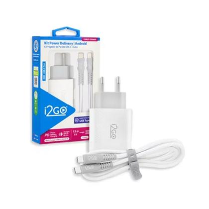 Imagem de Kit Carregador De Parede Ultra Rápido Com 1 Saída USB-C Power Delivery 20W + Cabo USB-C + USB-C I2GO 1,5m 3A Branco