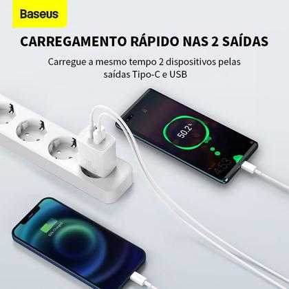 Imagem de Kit Carregador Duplo Baseus Compact 20w Para iPhne 14 e Anteriores Cabo de 1 metro Branco