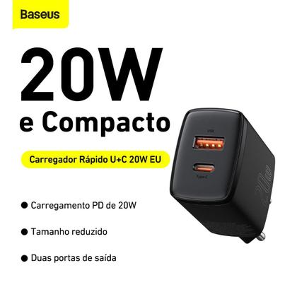 Imagem de Kit Carregador Duplo Baseus Compact 20w Para iPhne 14 e Anteriores  Cabo de 1 metro  Preto