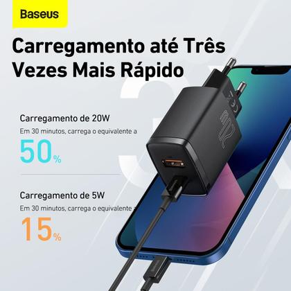 Imagem de Kit Carregador Duplo Baseus Compact 20w Para iPhne 14 e Anteriores  Cabo de 1 metro  Preto