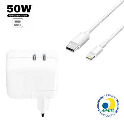 Imagem de Kit Carregador Fonte 50W + Cabo Turbo USB-C Tipo-C Lightning Compatível com iPhone SE X XR 7/8 7/8 Plus 11 12 13 14 Pro 