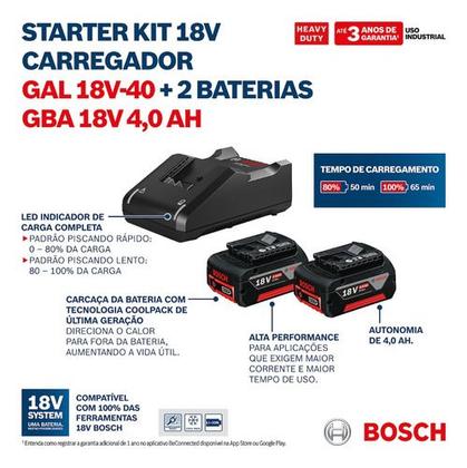 Imagem de Kit Carregador Rápido Bosch GAL 18V-40 BIVOLT e 2 baterias Bosch 18V 4,0Ah.