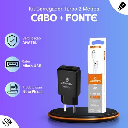 Imagem de Kit Carregador Turbo 2 Metros compatível com Motorola E5 - Cabo Micro USB V8 e Fonte
