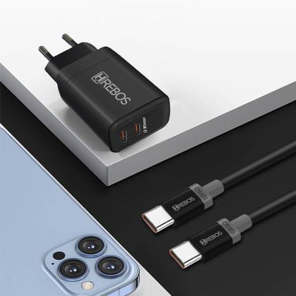 Imagem de Kit Carregador Turbo 30W Hrebos 2 USB-C compatível Android Ip15  + Cabo Tipo C Preto