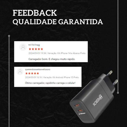 Imagem de Kit Carregador Turbo 30W Hrebos 2 USB-C compatível Android Ip15  + Cabo Tipo C Preto