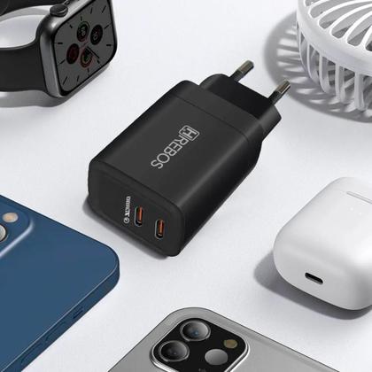 Imagem de Kit Carregador Turbo Fonte 30W Hrebos 2 USB-C compatível Ip + Cabo Lightning Preto