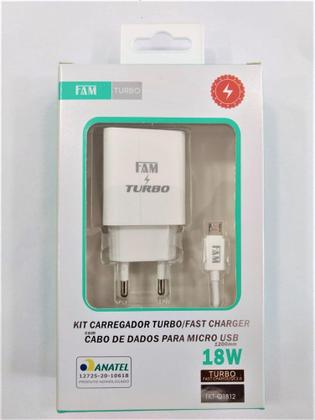 Imagem de KIT Carregador TURBO para celular mais cabo V8 com 1 USB 3A Certificado pela ANATEL FKT-Q1812 FAM