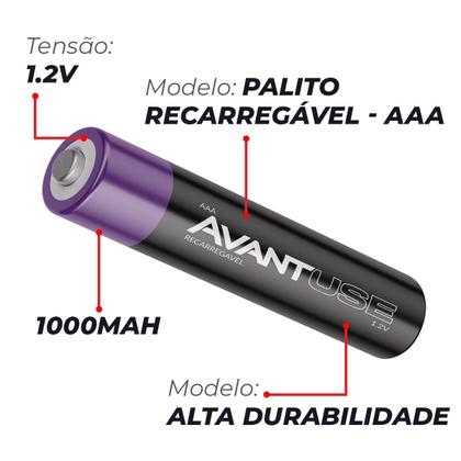 Imagem de Kit Carregador Usb + 4 Pilhas Recarregável Palito AAA 1.5v 1000MAH Cod: 408260015 Avant Use