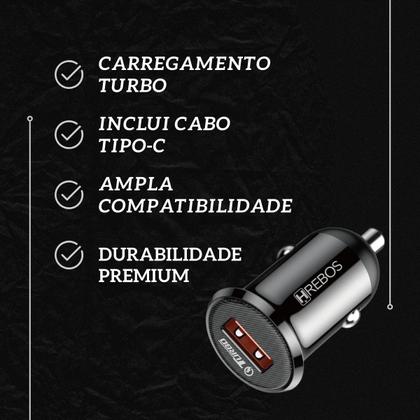 Imagem de Kit Carregador Veicular Para Celular Notebook Turbo 18W USB Preto + Cabo Tipo-C Compatível Android Iphon 15